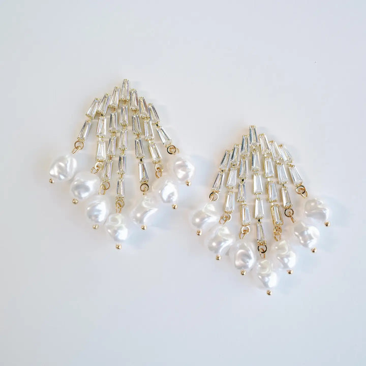 Natural Pearl Fringe Crystal Tassel Earrings