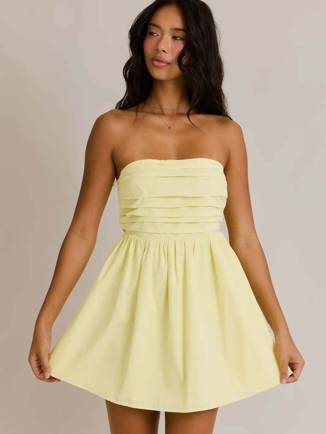 Lemon Strapless Pleated Detail Mini Dress