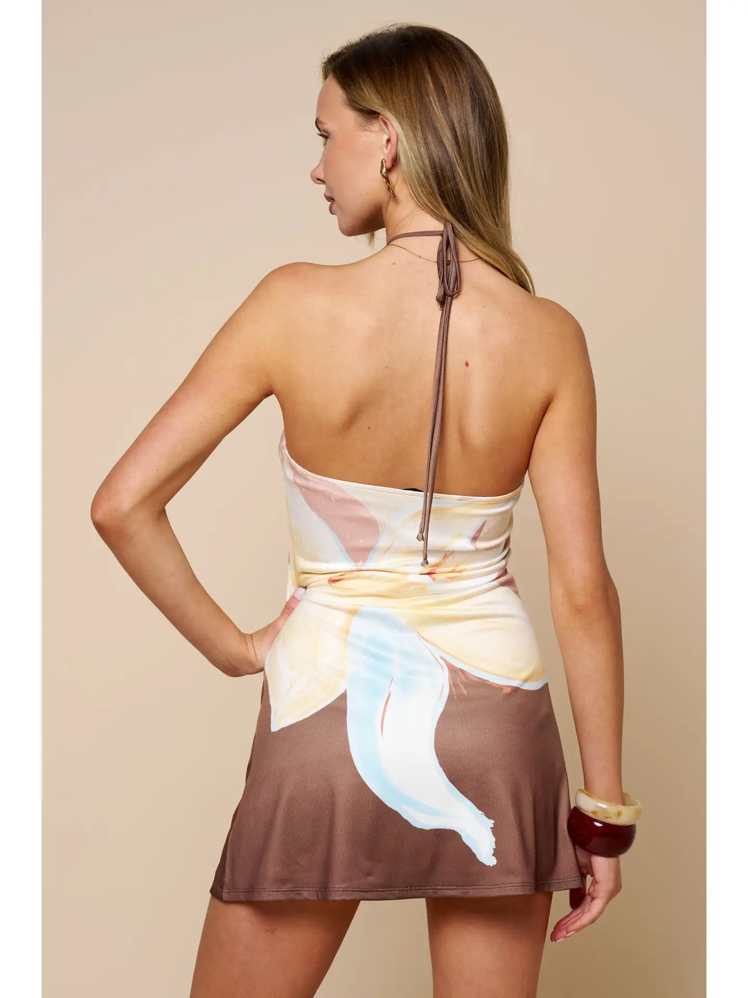 Color Block Floral High Halter Neck Mini Dress