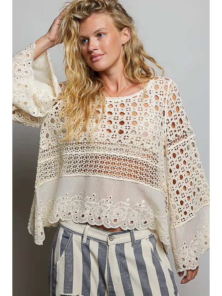 Long Sleeve Round Neck Women Crochet Top