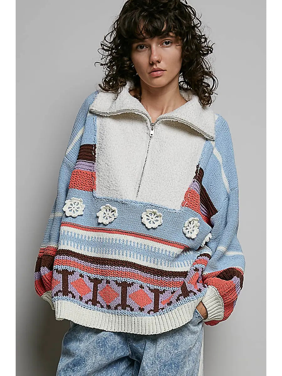 High Collar Half Zipper Ethnic Color Block Pullover Sweater