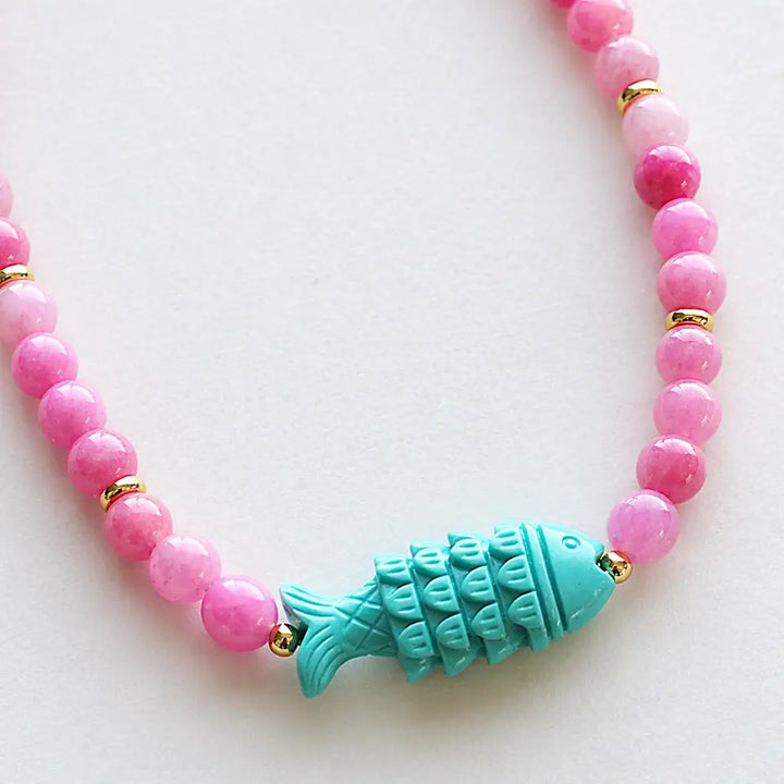 Pink & Turquoise Beaded Fish Necklace