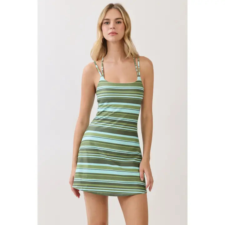 Green Stripe Print Athleisure Dress with Built-in Shorts