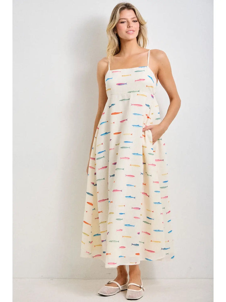 Fish Print Sleeveless Midi Dress