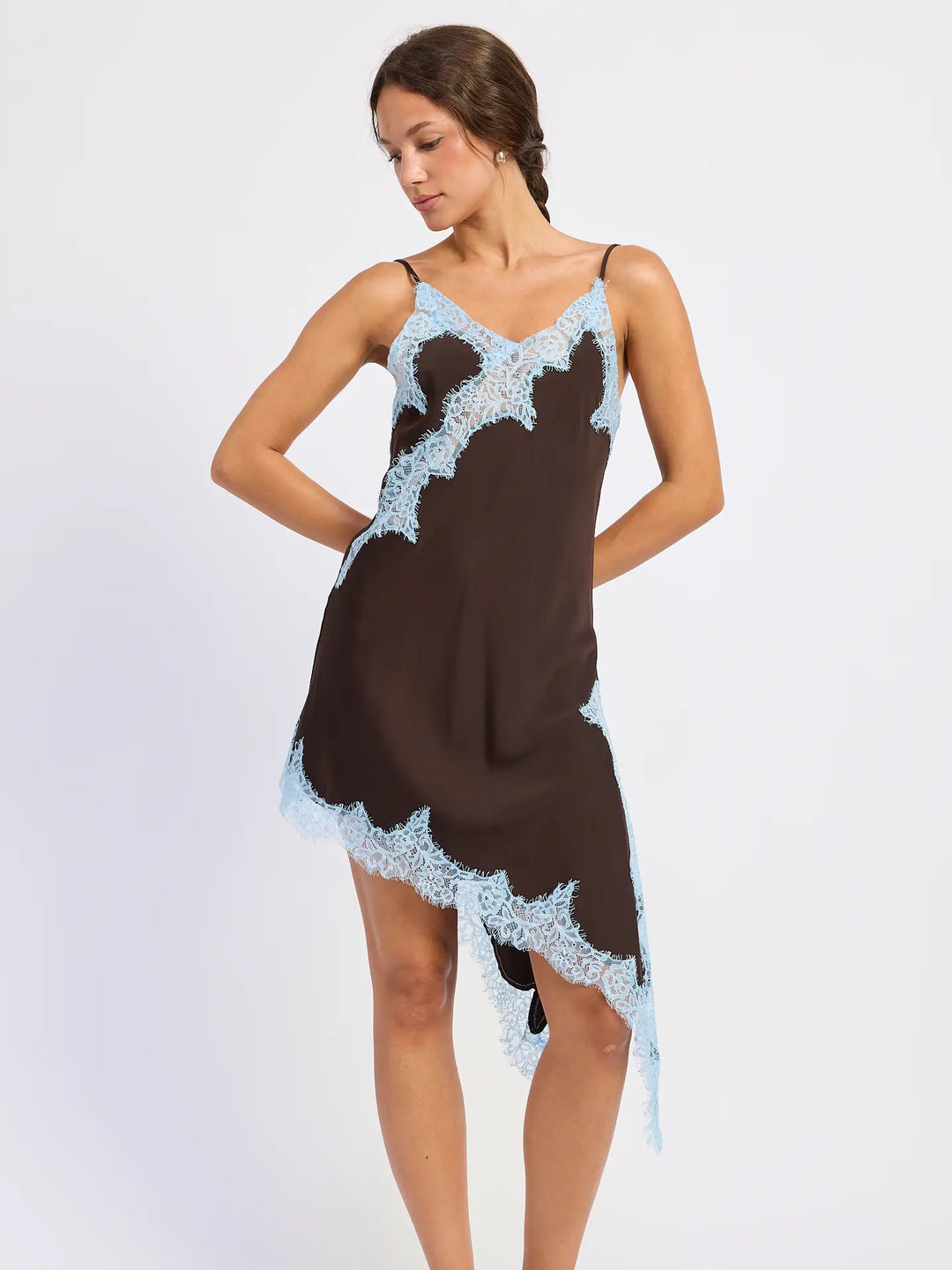 Asymmetrical Hem Satin Dress with Lace Contrast