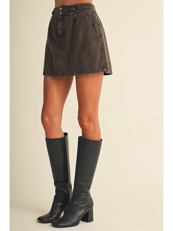 Double-Button Wide Waistband Denim Skort