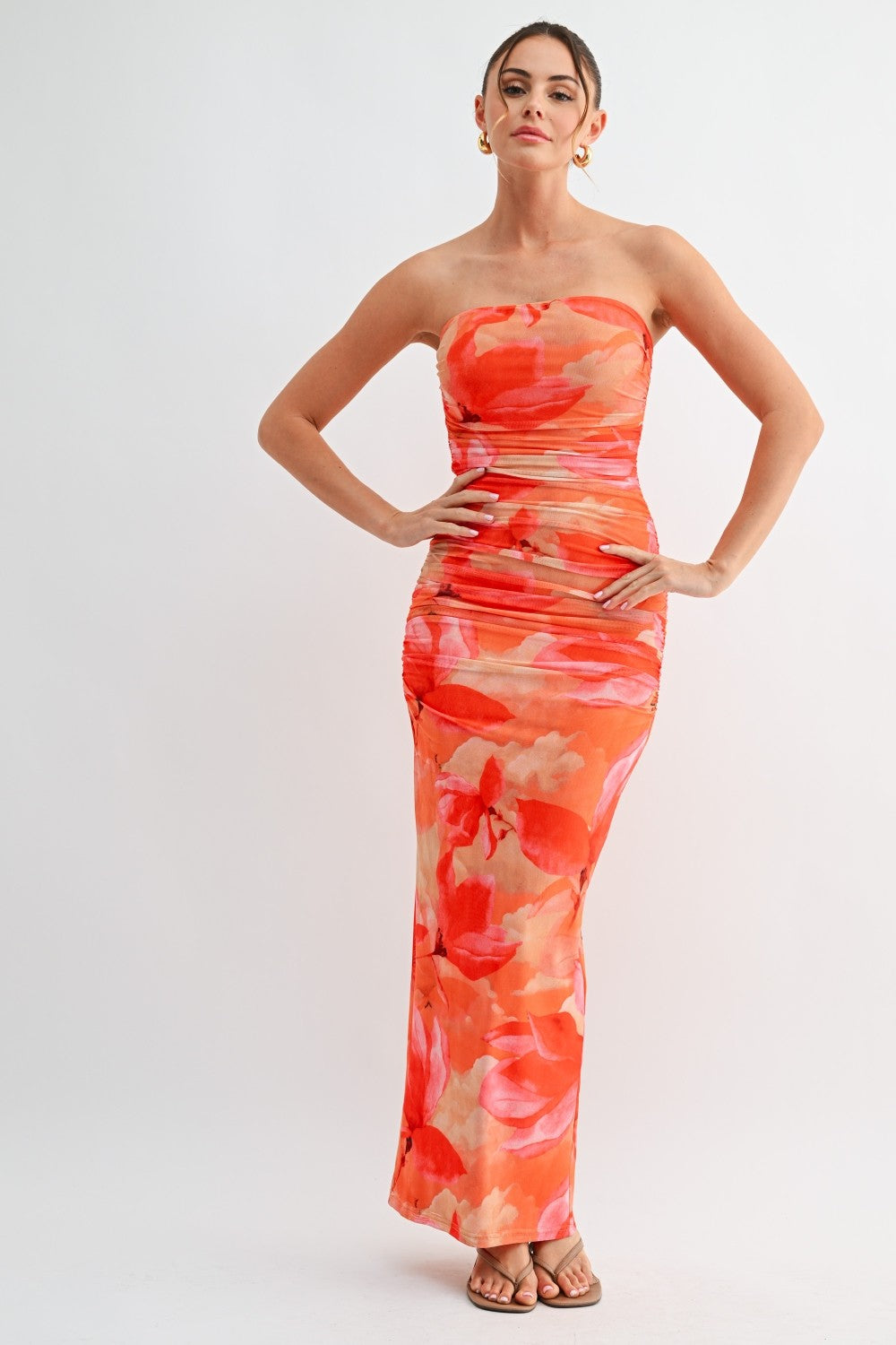 Sunset Bloom Ruched Strapless Maxi Dress