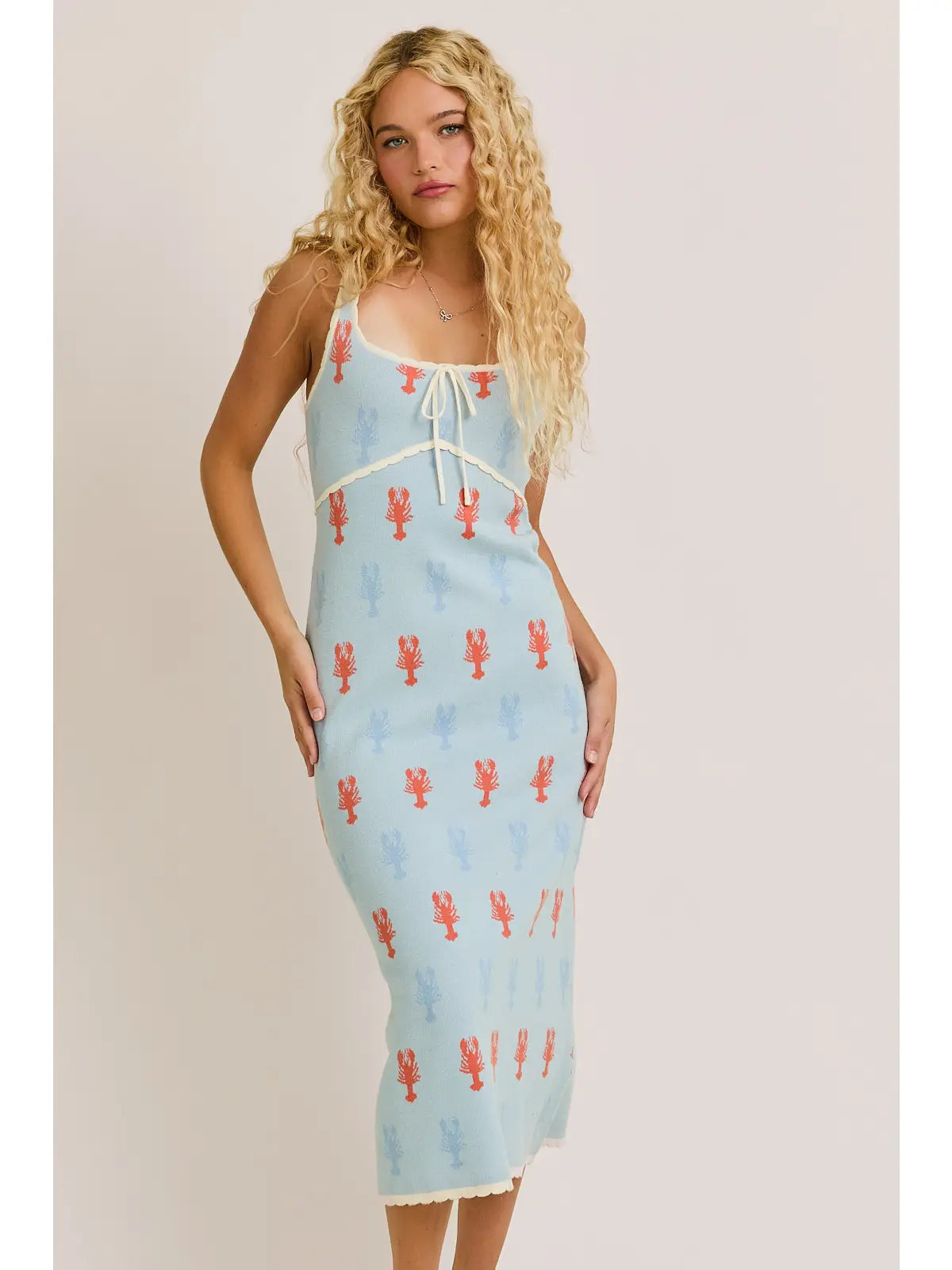"Lobster" Square Neck Scalloped Hem Sweater Midi Dress