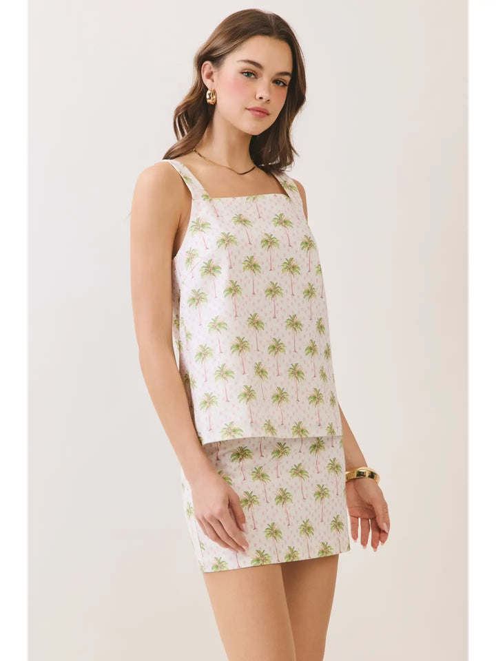 Palm Print Square Neck Sleeveless Top