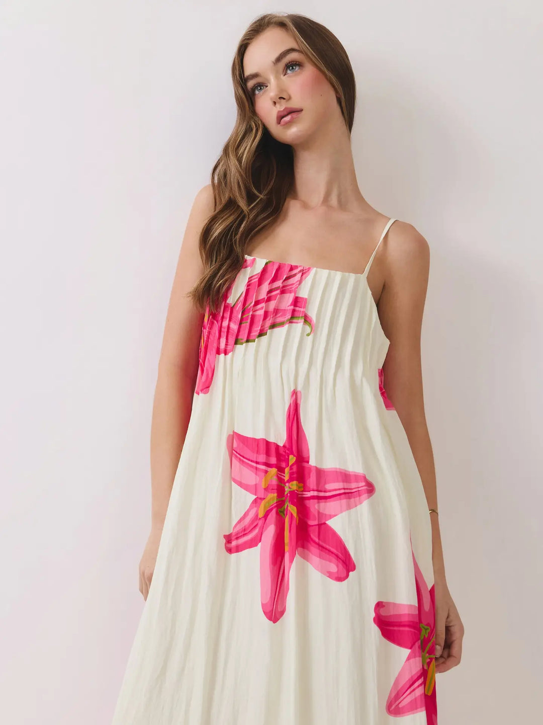 Floral Pleated Maxi Dress with Adjustable Straps