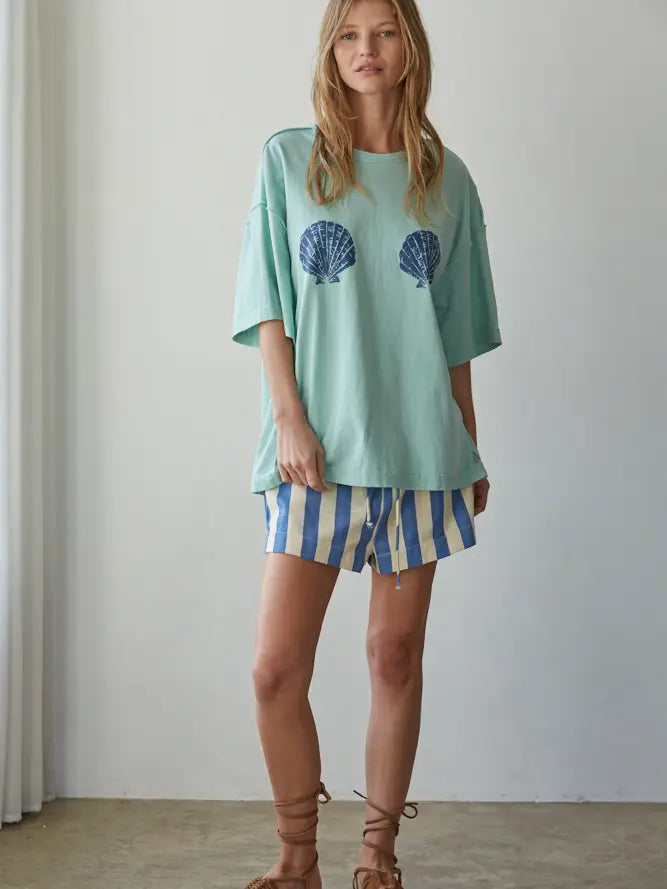 Knit Cotton Graphic Shell Print Crew Oversized Top