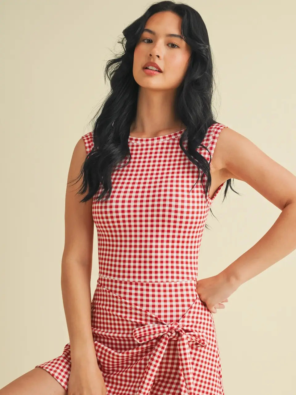 Gingham Print Sleeveless Wrap Tie Front Dress