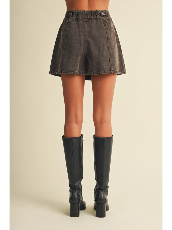 Double-Button Wide Waistband Denim Skort