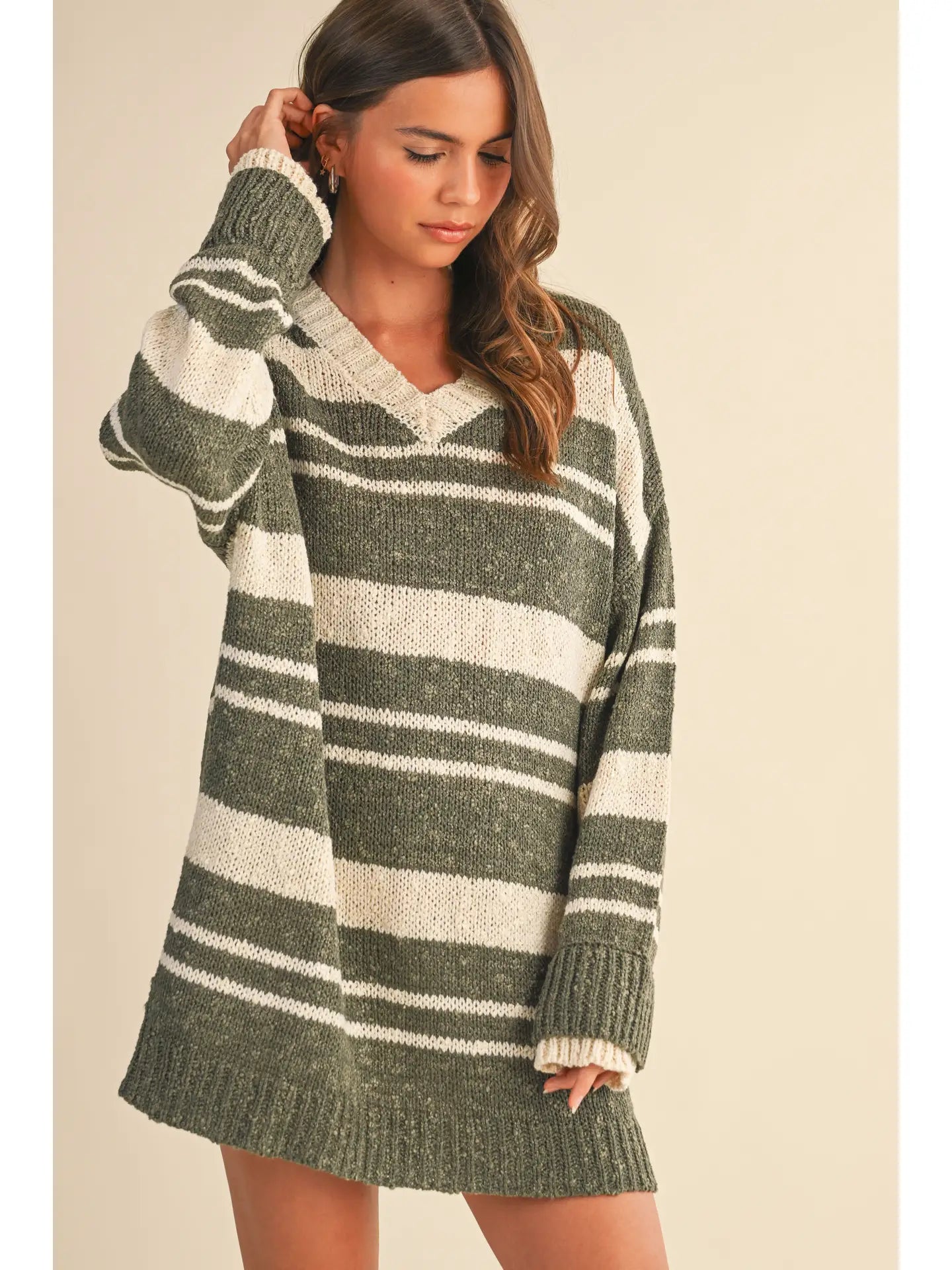 V Neck Oversized Striped Sweater Mini Dress