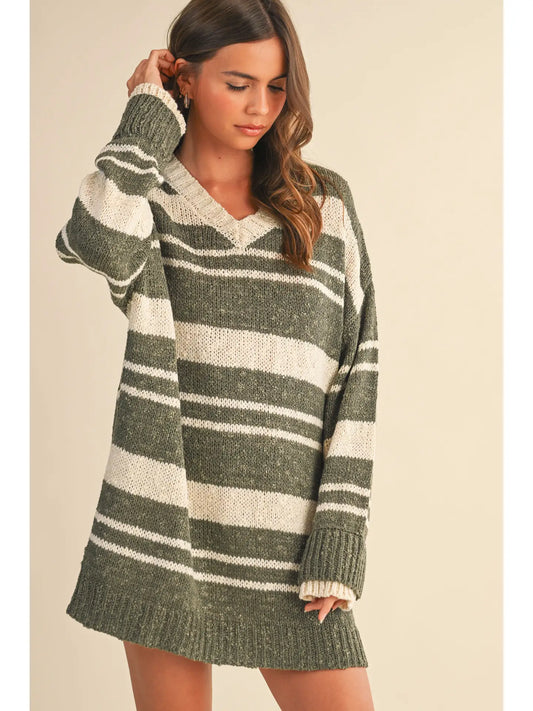 V Neck Oversized Striped Sweater Mini Dress