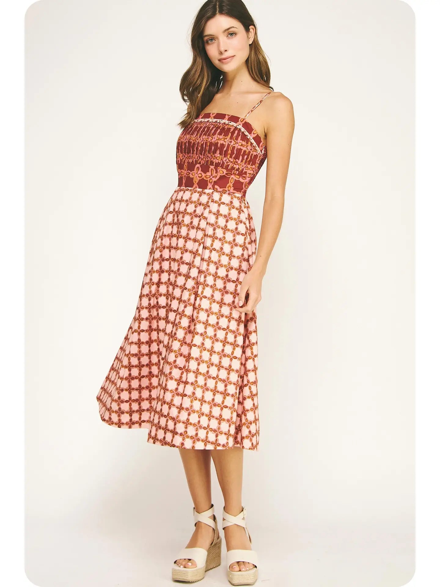 Braid Detail Chainlink Printed Block Midi Dress