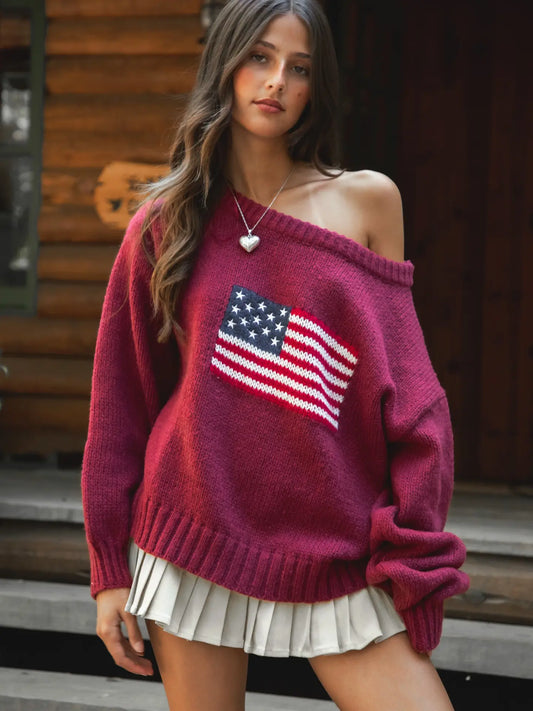 Brandi Preppy American Flag Knit Off the Shoulder Sweater