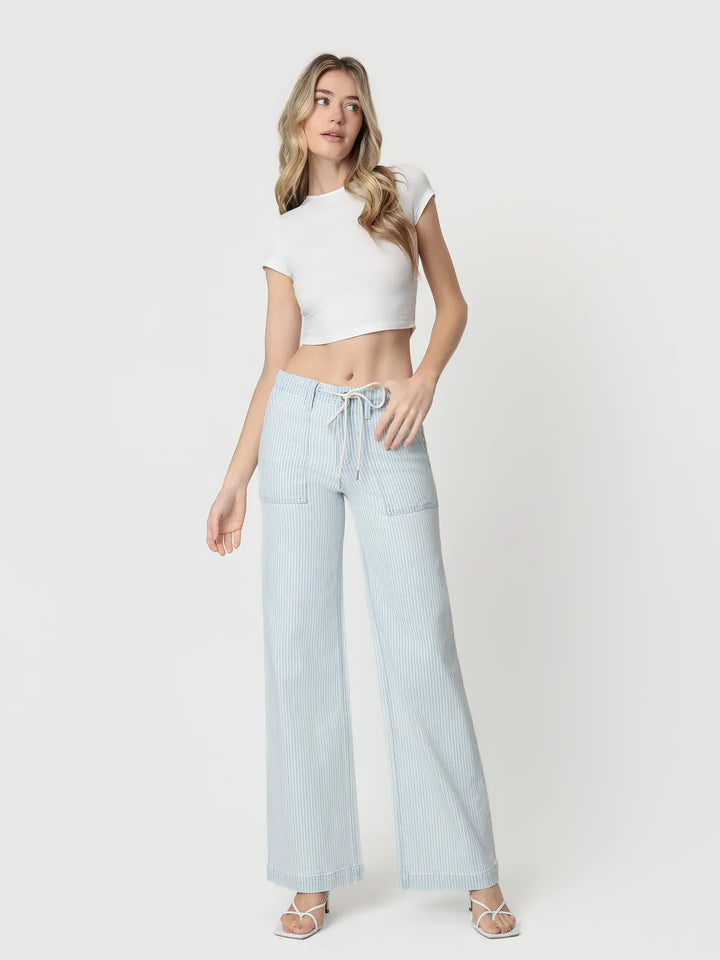 High Rise Drawstring Elastic Wb Striped Wide Jeans