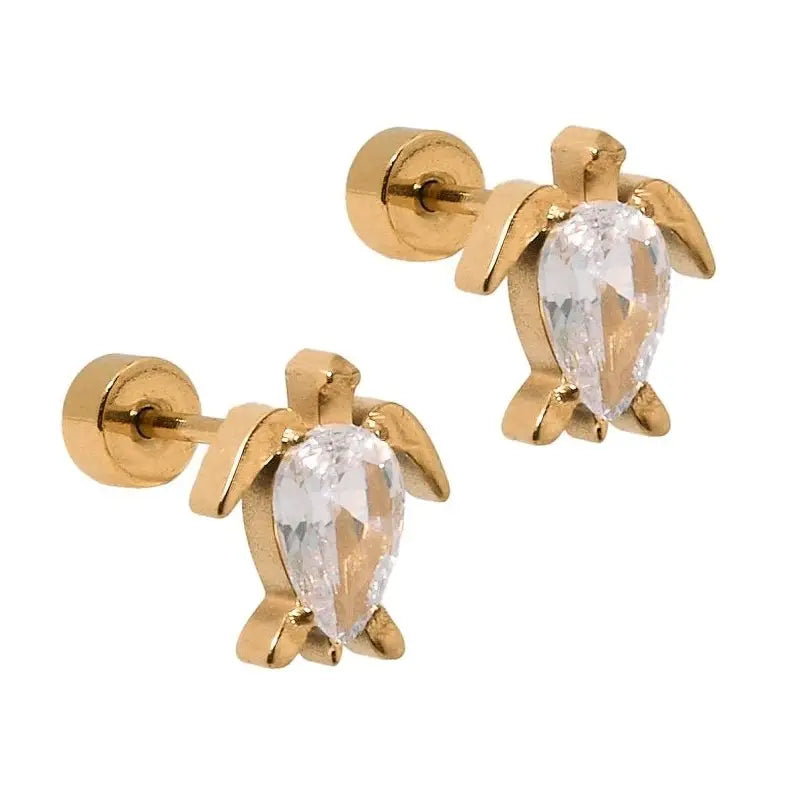 Screwback Stud Earrings - Turtle Cz Gold