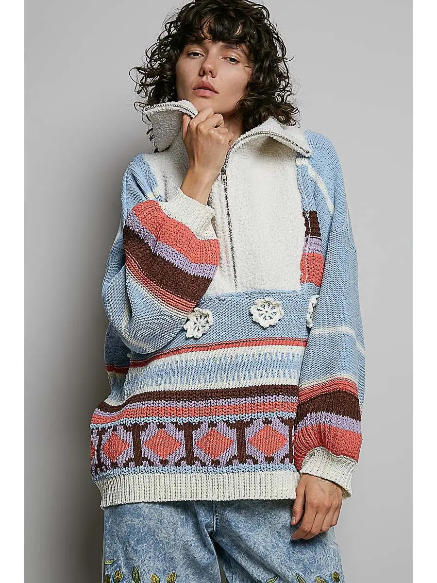 High Collar Half Zipper Ethnic Color Block Pullover Sweater