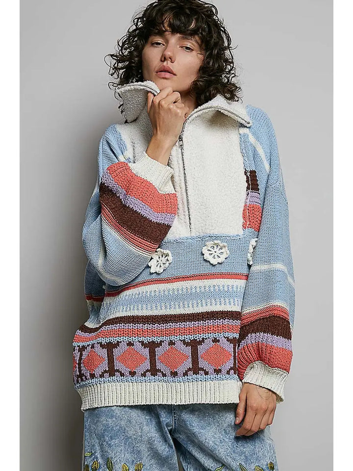 High Collar Half Zipper Ethnic Color Block Pullover Sweater
