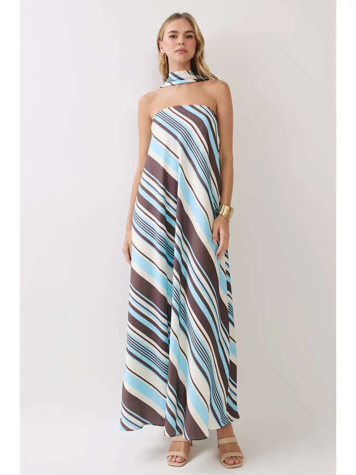 Striped Strapless Maxi Dress with Scarf