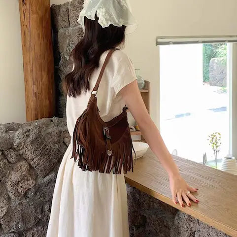 Boho Style Buckle Décor Suede-Like Shoulder Bag