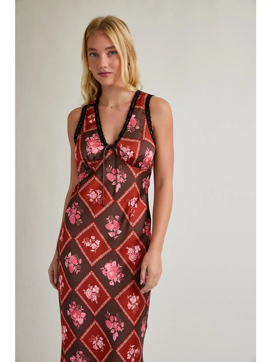 Sleeveless V-Neck Lace Trim Detail Satin Midi Dress