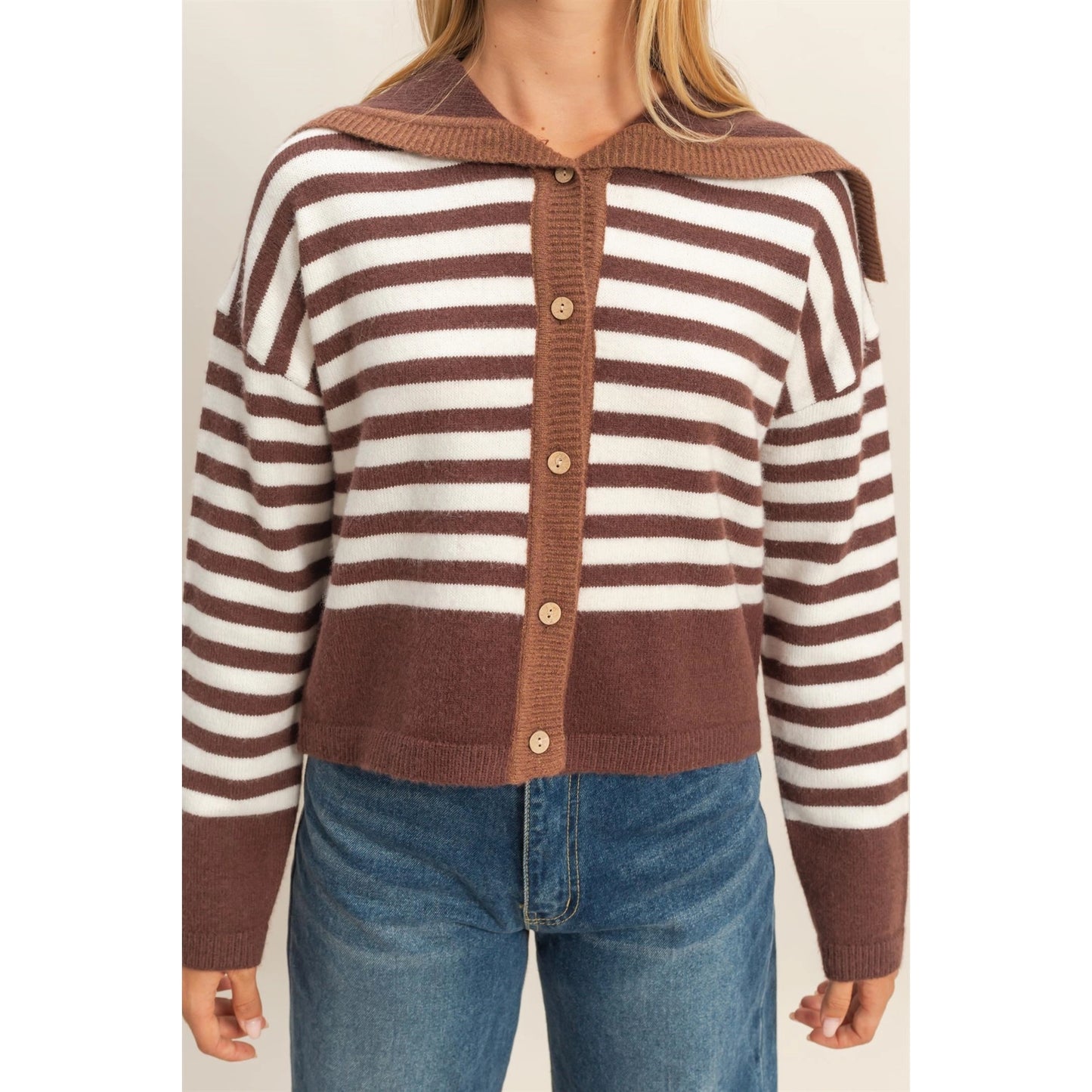 Striped Button-Up Sailor Collar Sweater