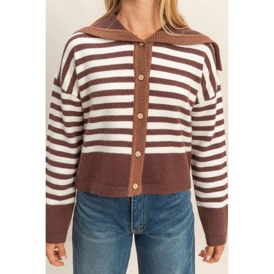 Striped Button-Up Sailor Collar Sweater