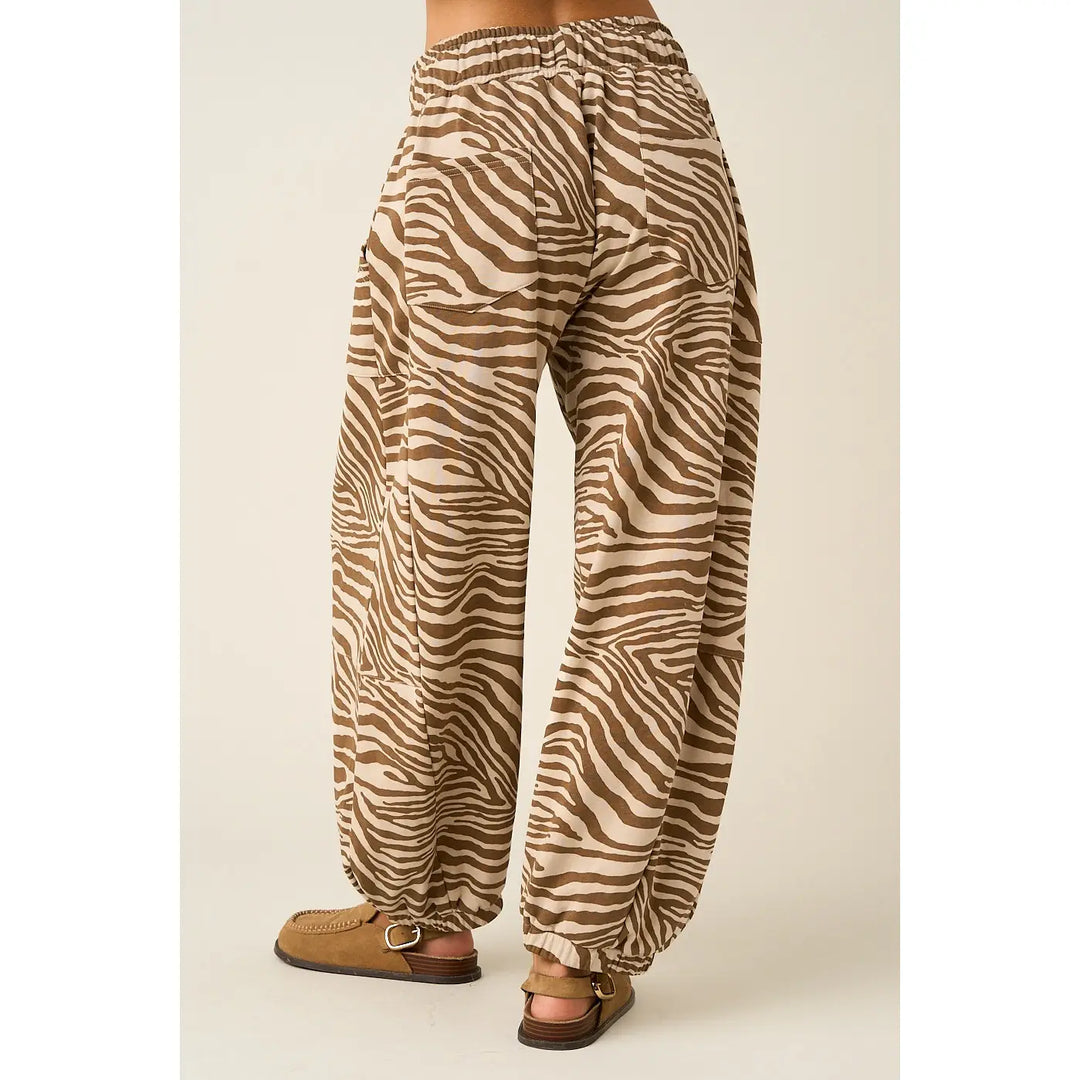 Zebra Print Pull-On Barrel Leg Pants