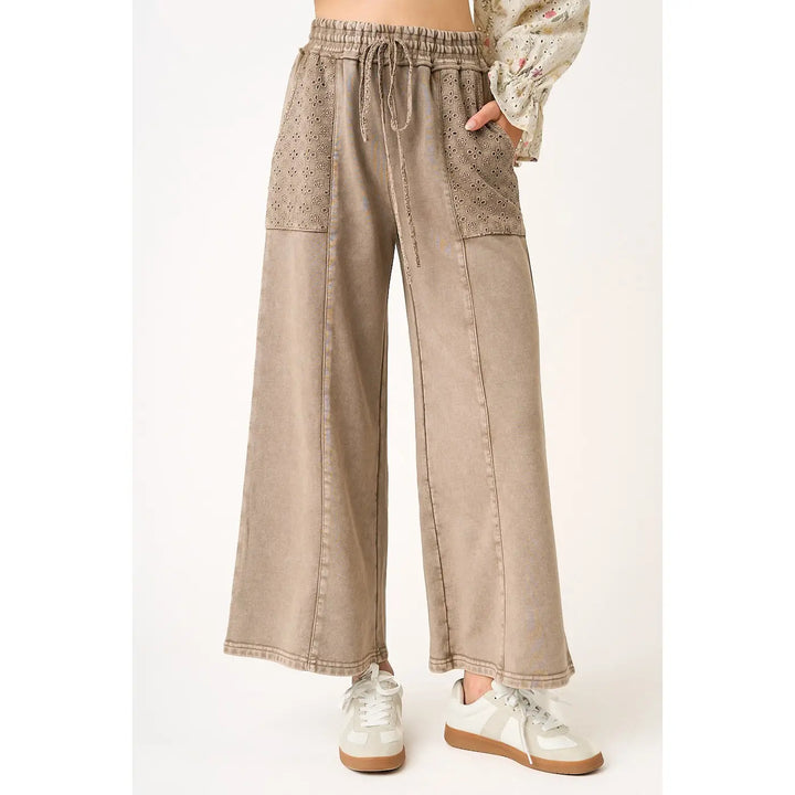 Eyelet Lace Pocket Mineral Wash Wide Leg Pants