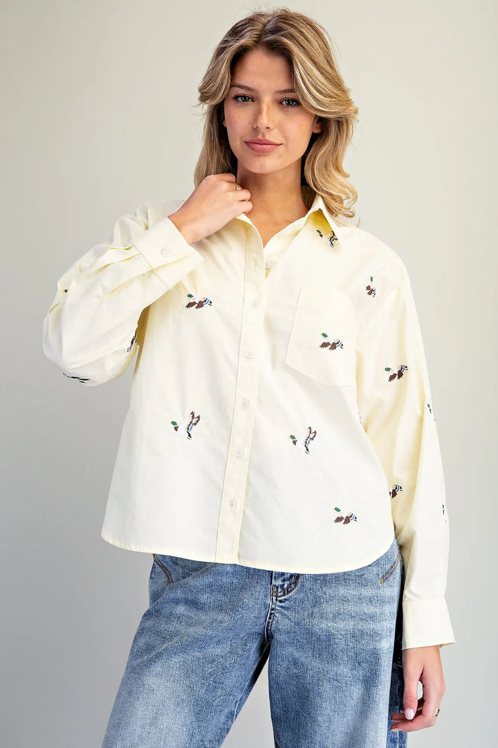 Mallard Embroidered Button Down Top