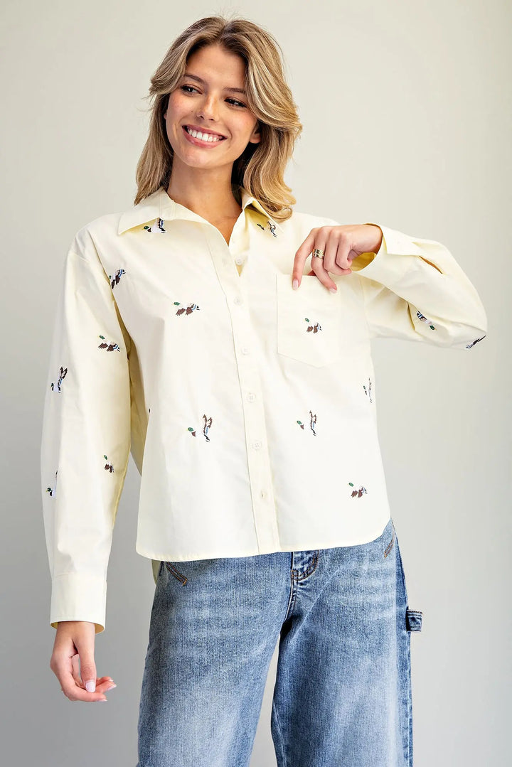 Mallard Embroidered Button Down Top