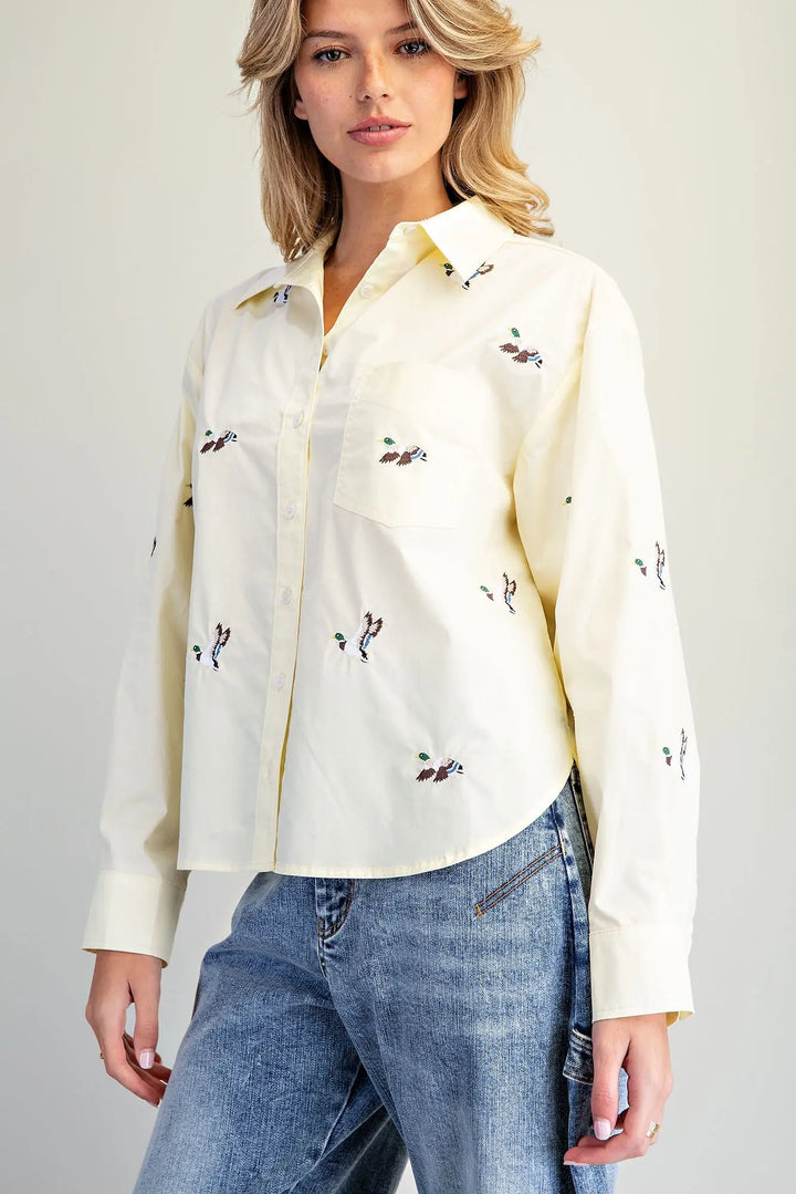 Mallard Embroidered Button Down Top