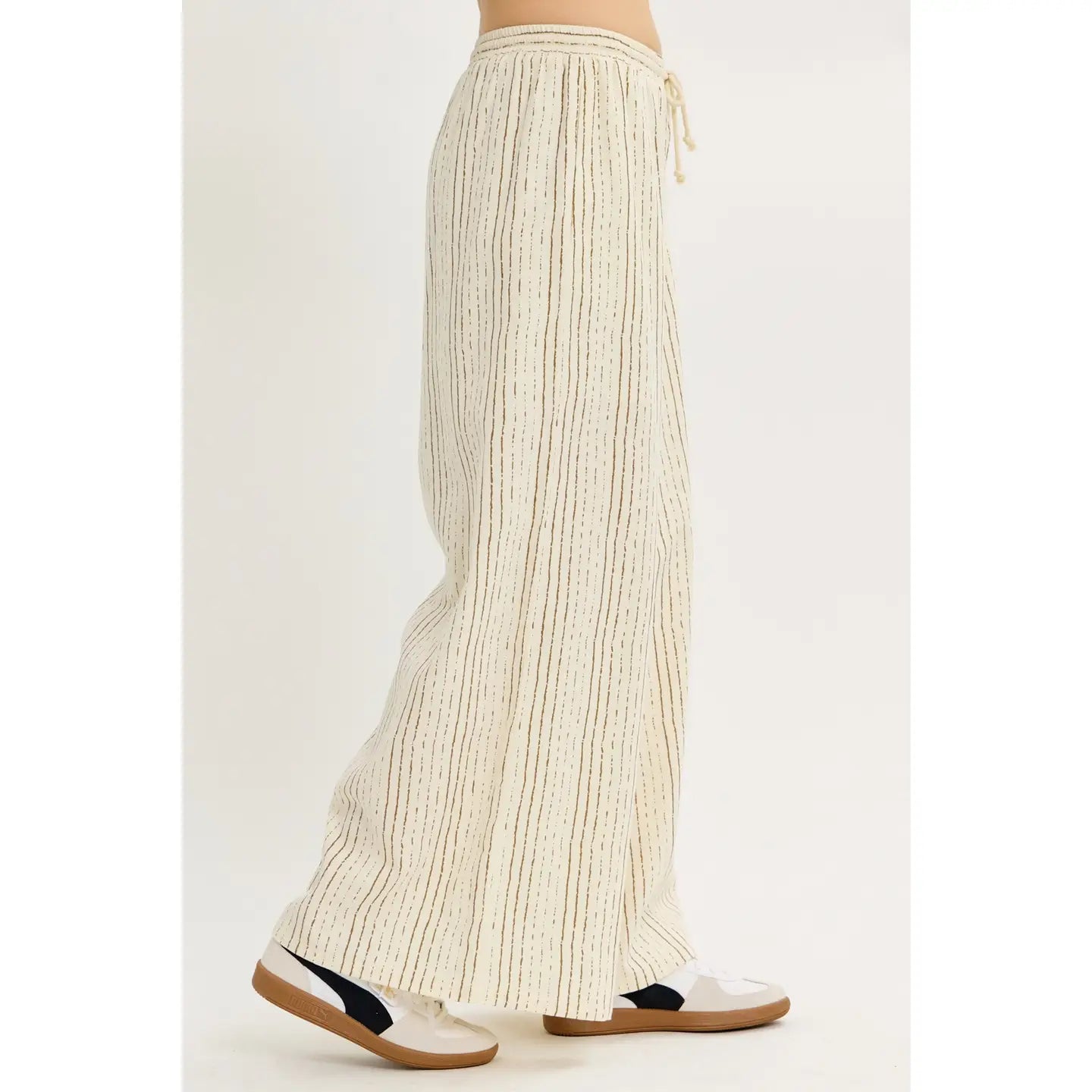 Brown Stripe Linen Blend Wide-Leg Pants