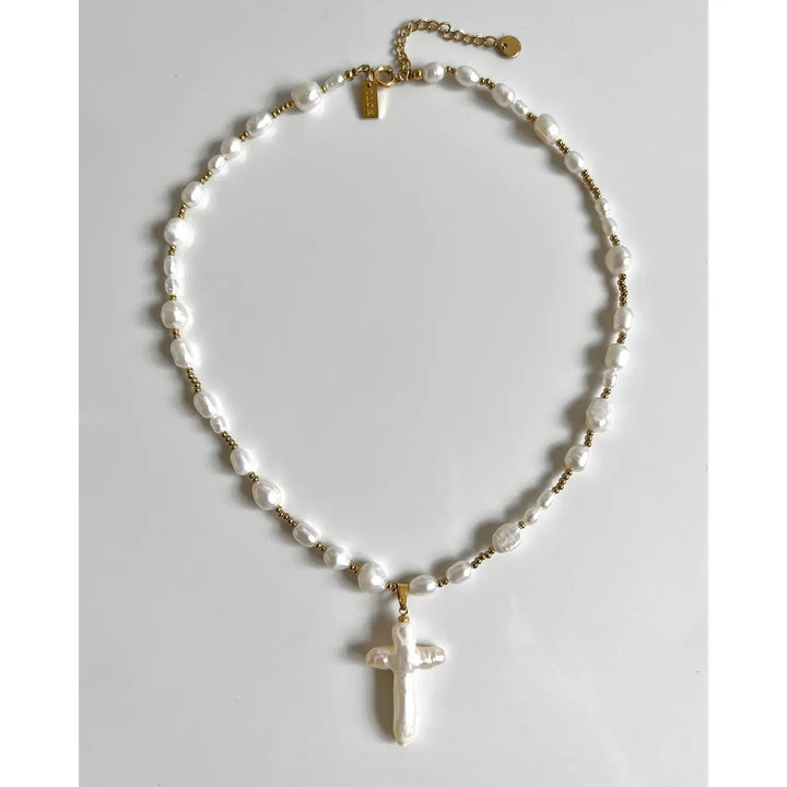 Beaded Pearl Cross Necklace