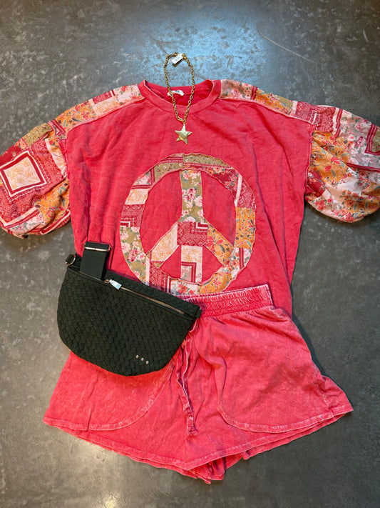 Mineralwash Red / Orange Peace sign blouse with puff sleeves