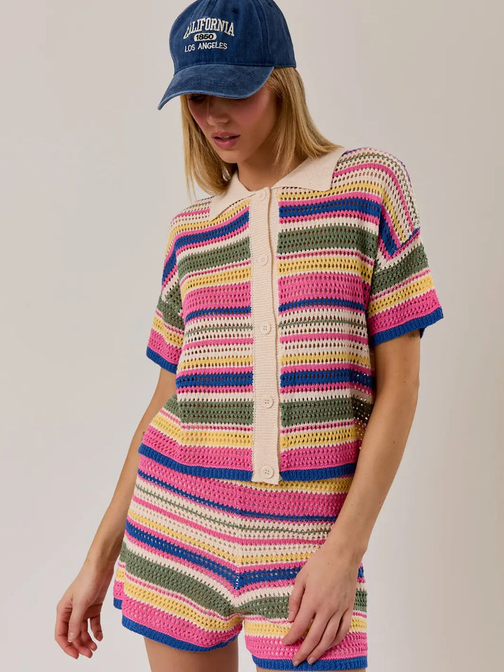 Collared Neck Stripe Crochet Button Down Top