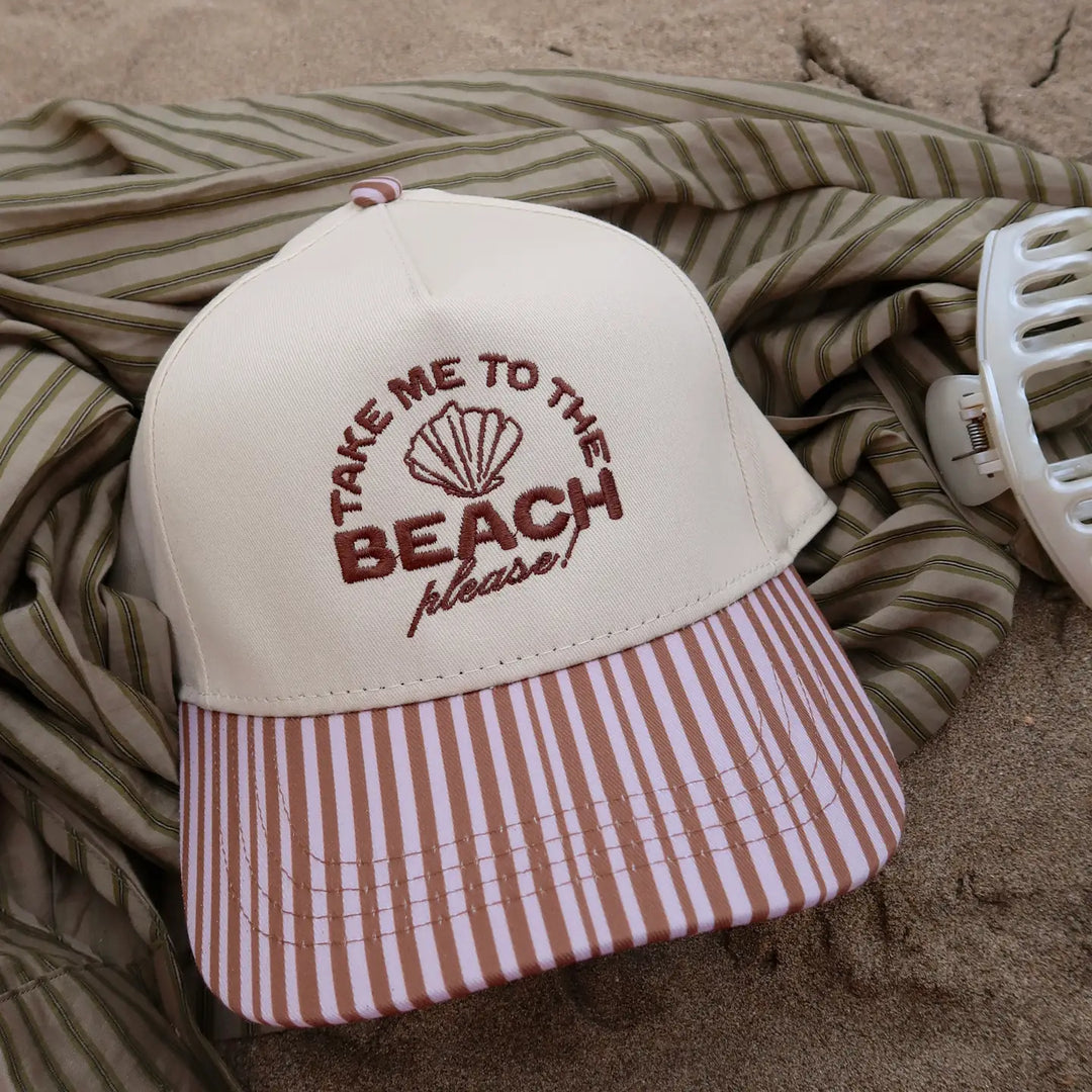 Take Me To the Beach Please Brown Striped Hat
