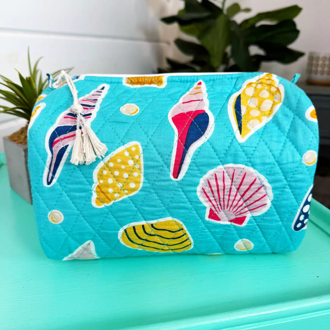 Quilted Makeup Bag | Cosmetics Toiletry Bag | Aqua Seashell