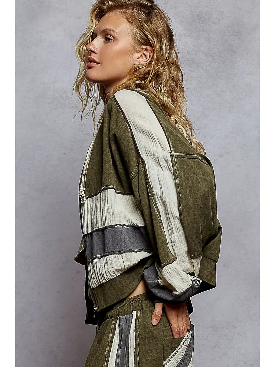 Vintage Washing Double Gauze Patch Solid Hooded Zip Up Top