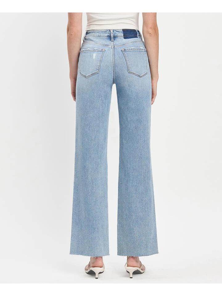 High Rise Clean Cut Raw Hem Wide Leg Jeans