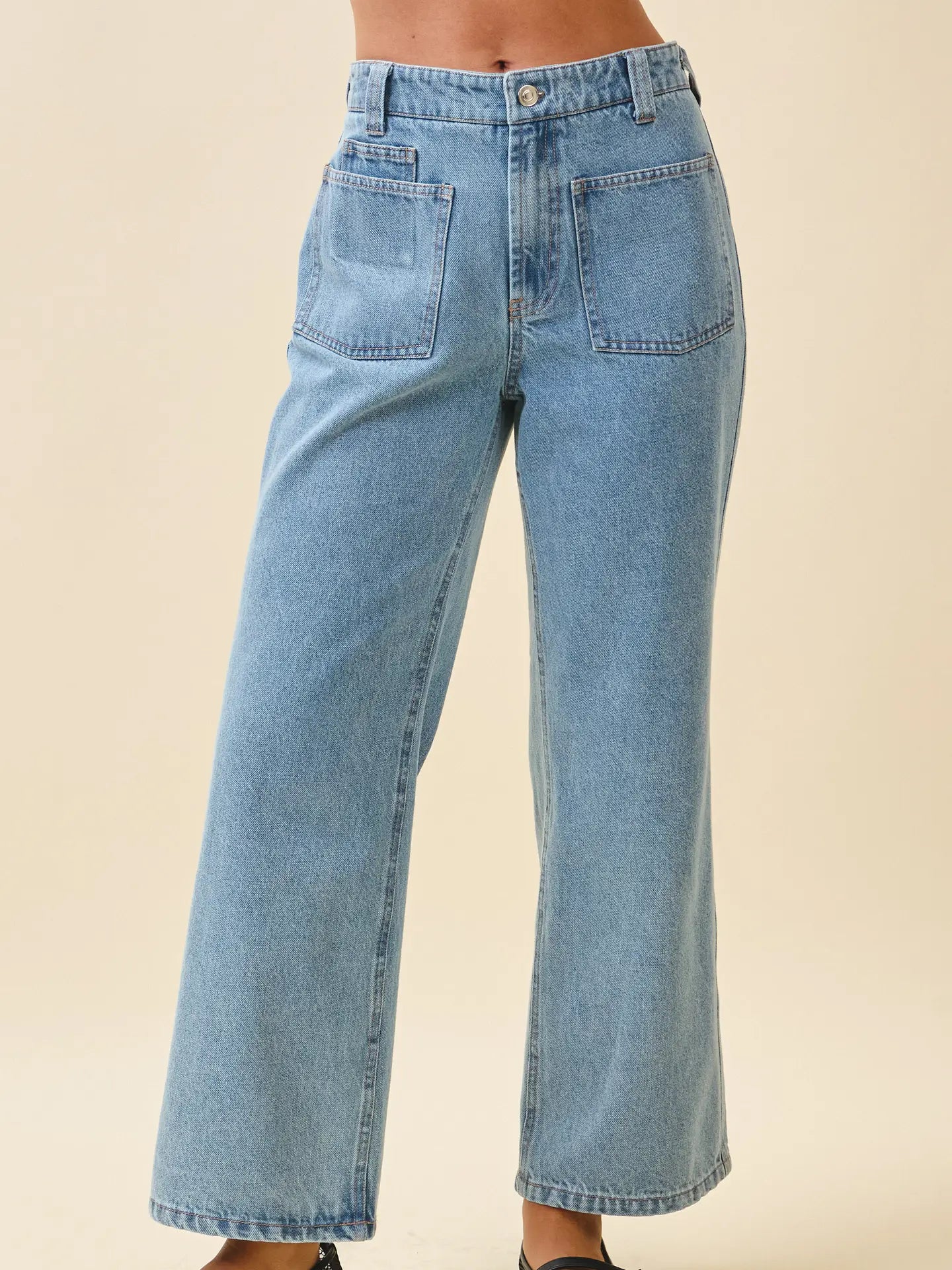 High Waist Wide Leg Denim Pants with Patch Pockets