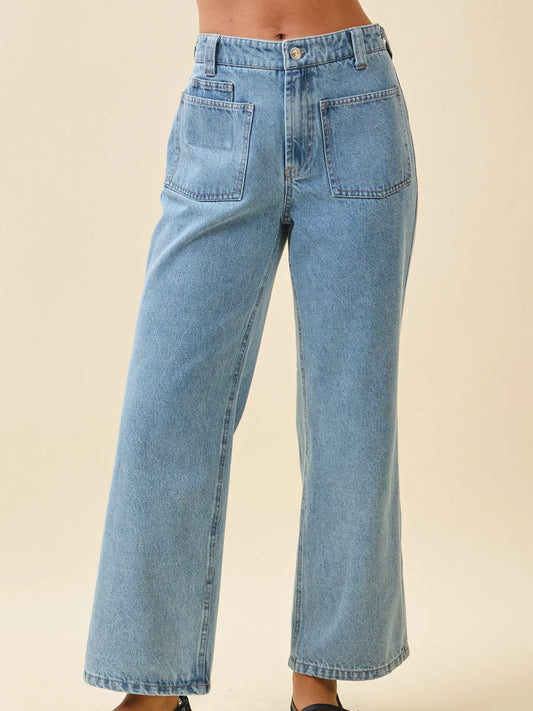 High Waist Wide Leg Denim Pants with Patch Pockets