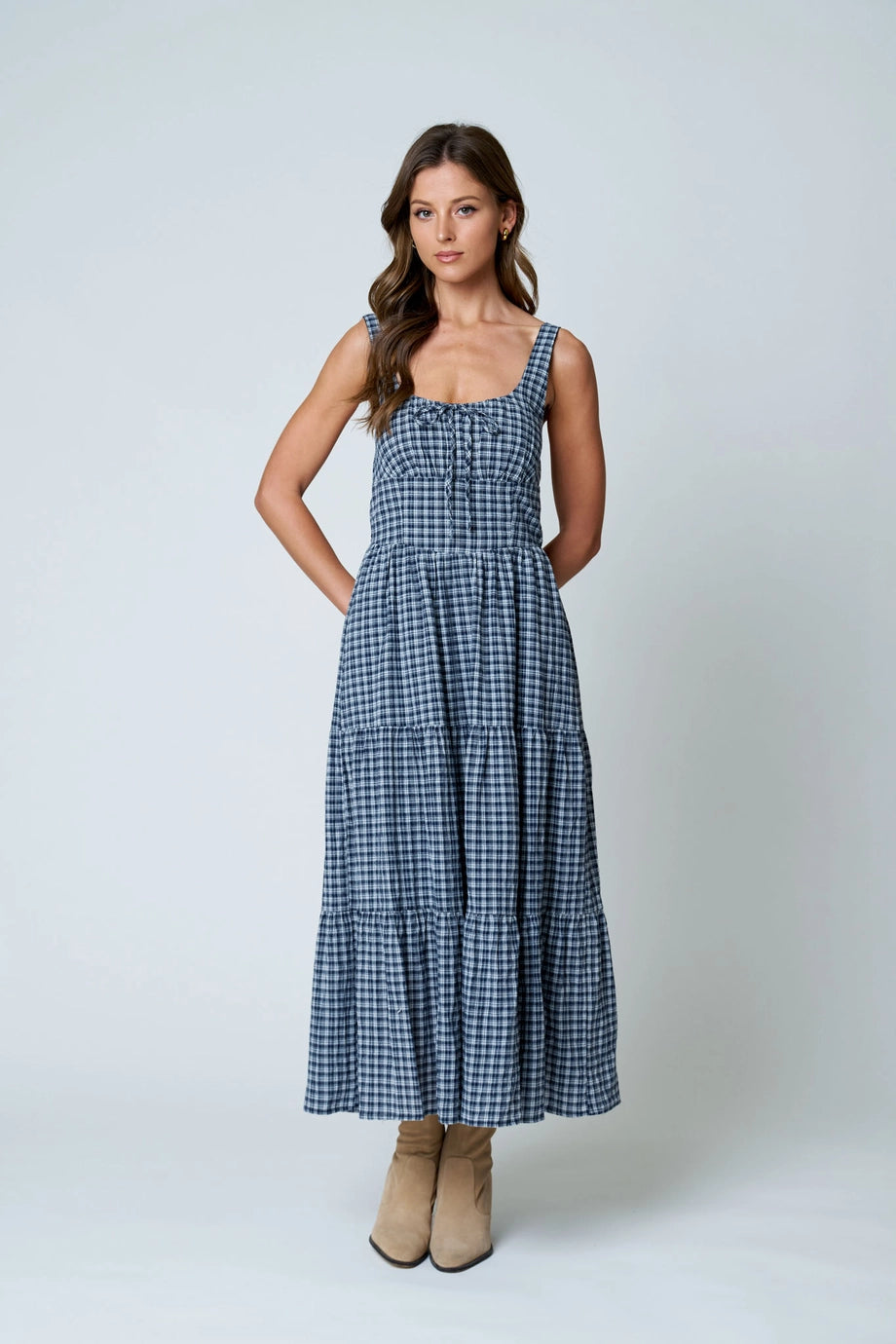 Plaid Front Tie Corset Detail Tiered Midi Dress