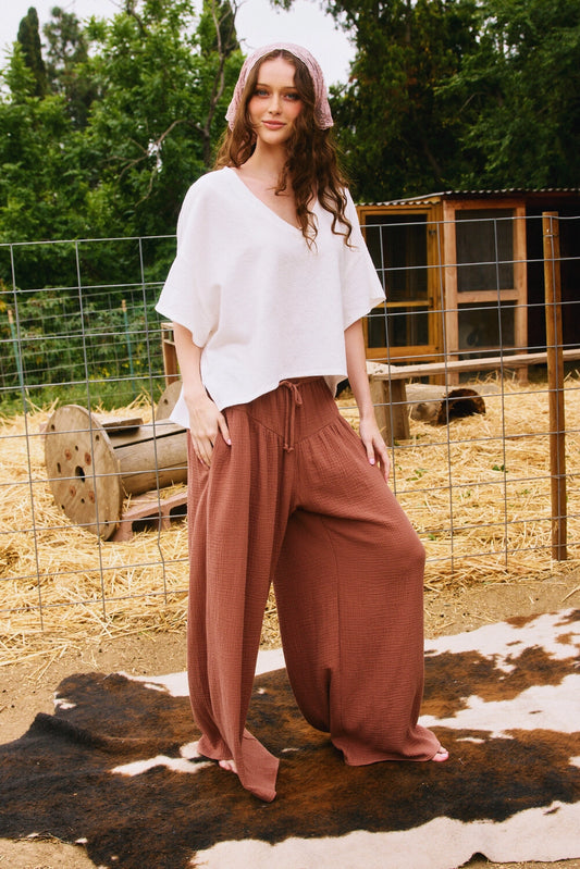 Wide Leg Flattering Drape Solid Cotton Gauze Pants