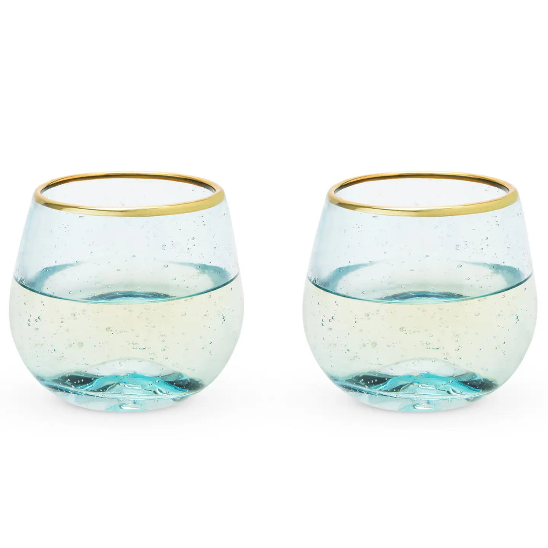 Aqua Bubble Stemless Glasses w/ Gold-Plated Rims - Set of 2