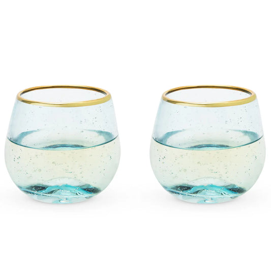 Aqua Bubble Stemless Glasses w/ Gold-Plated Rims - Set of 2
