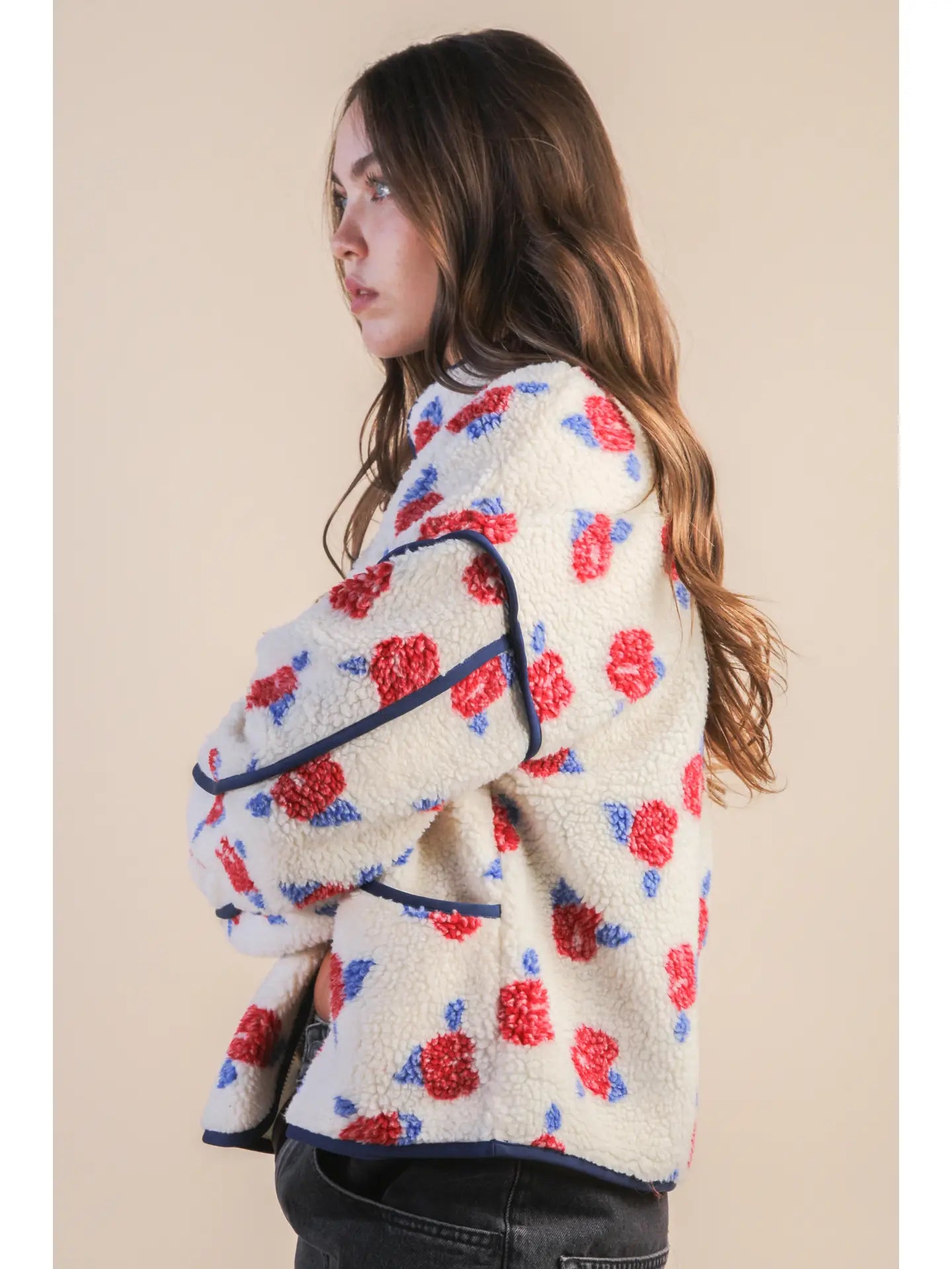Oversized Floral Printed Fleece Sherpa Jacket